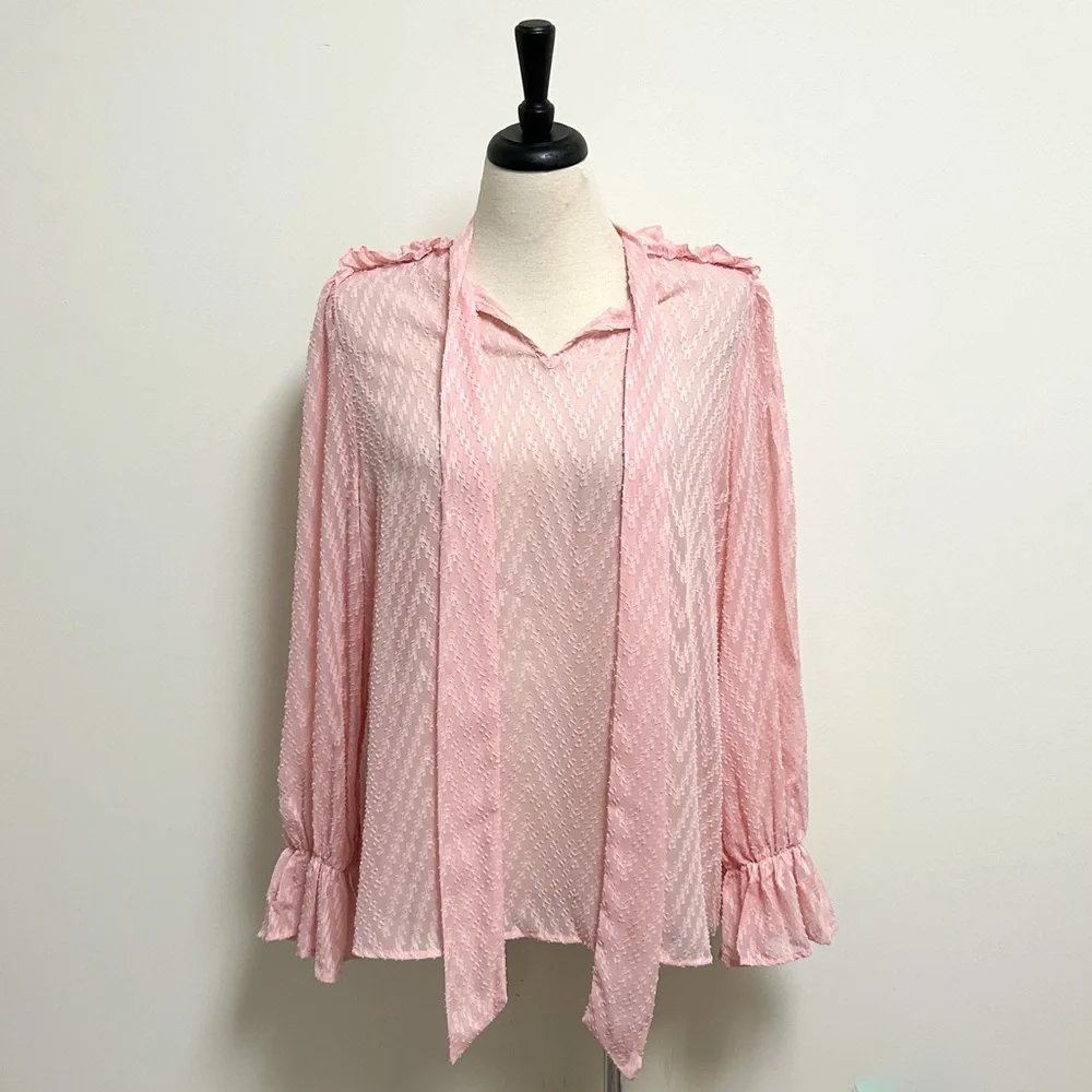 Shein Pink Sheer Chevron Faux Pearl Puff Flounce Sleeve Pussycat Bow Blouse 2XL - Picture 3 of 10